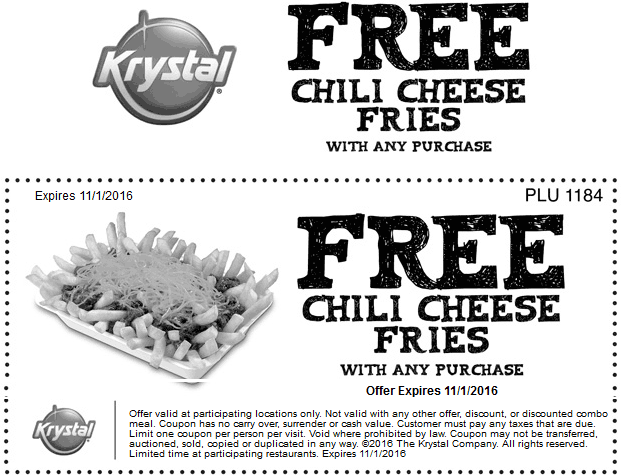 Krystal Coupon April 2024 Free chili cheese fries with any order at Krystal
