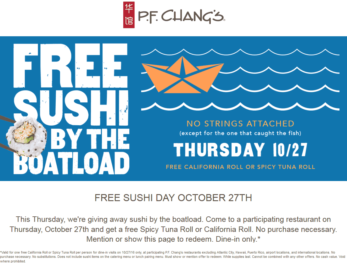 P.F. Changs Coupon April 2024 Free sushi Thursday at P.F. Changs restaurants - no purchase necessary