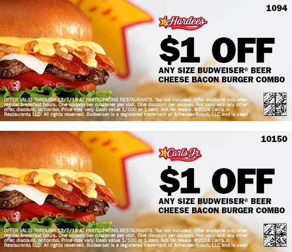 Hardees Coupon April 2024 Shave a buck off your bacon burger combo at Hardees & Carls Jr.