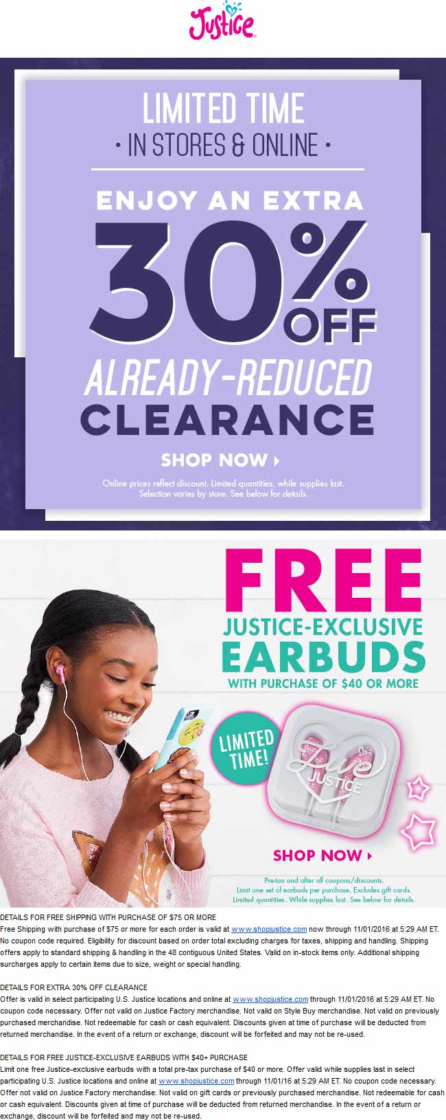 Justice Coupon April 2024 Extra 30% off clearance, free earbuds on $40 spent at Justice, ditto online