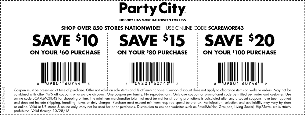 Party City Coupon April 2024 Get your costume at $10 off $60 & more today at Party City, or online via promo code SCAREMORE43