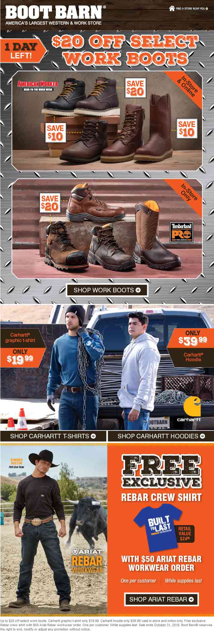 Boot Barn Coupon April 2024 $20 off work boots at Boot Barn, ditto online
