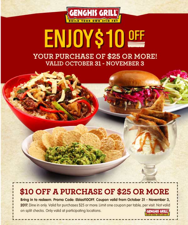 Genghis Grill Coupon April 2024 $10 off $25 at Genghis Grill restaurants