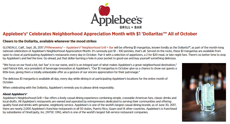 Applebees Coupon April 2024 $1 margaritas all day, all month at Applebees restaurants
