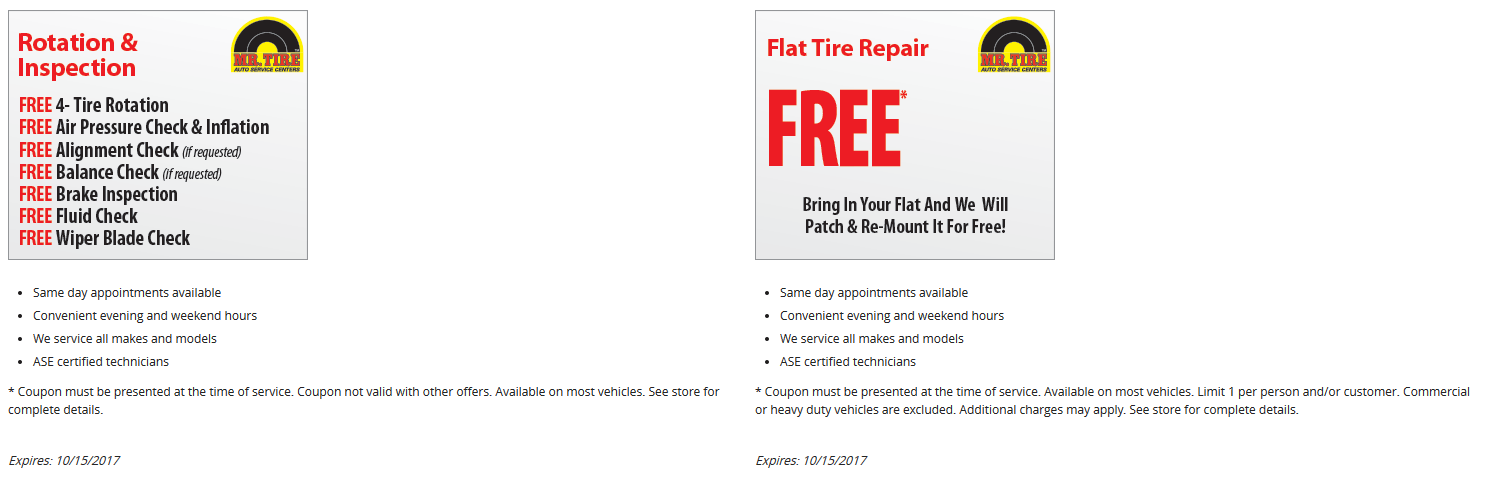 Mr. Tire Coupon April 2024 Free flat tire repair & free rotation at Mr. Tire