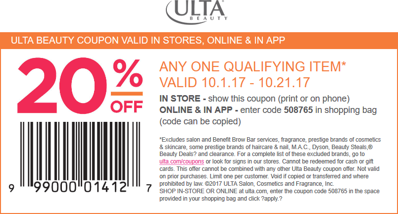 Ulta Beauty Coupon April 2024 20% off a single item at Ulta Beauty, or online via promo code 508765