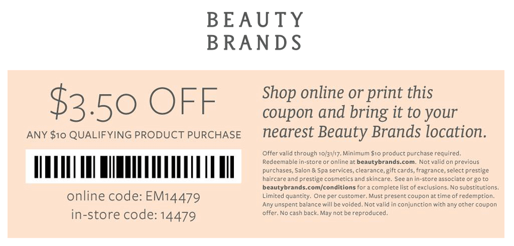 Beauty Brands Coupon April 2024 $3.50 off $10 at Beauty Brands, or online via promo code EM14479