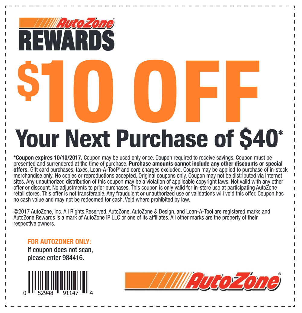 AutoZone Coupon April 2024 $10 off $40 at AutoZone