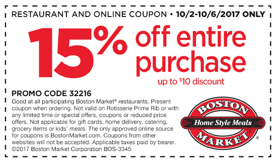 Boston Market Coupon April 2024 15% off at Boston Market restaurants