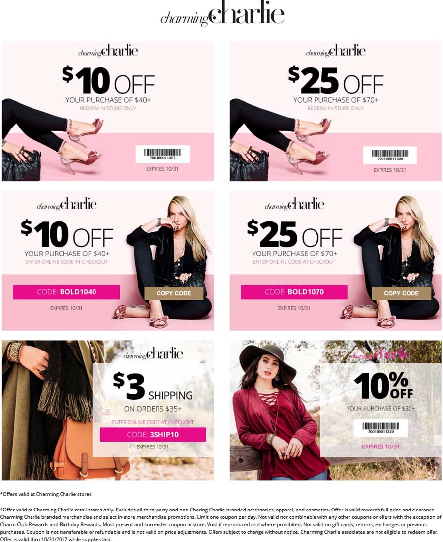 Charming Charlie Coupon April 2024 $10 off $40 & more at Charming Charlie, or online via promo code BOLD1040