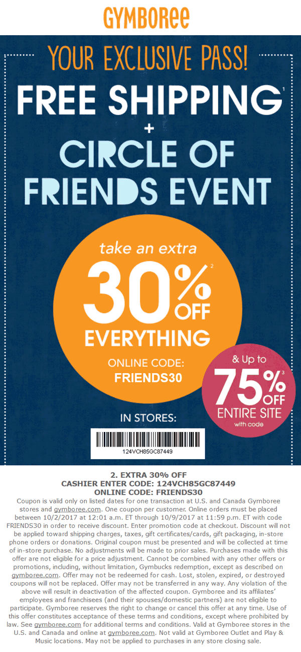 Gymboree Coupon April 2024 30% off everything at Gymboree, or online via promo code FRIENDS30