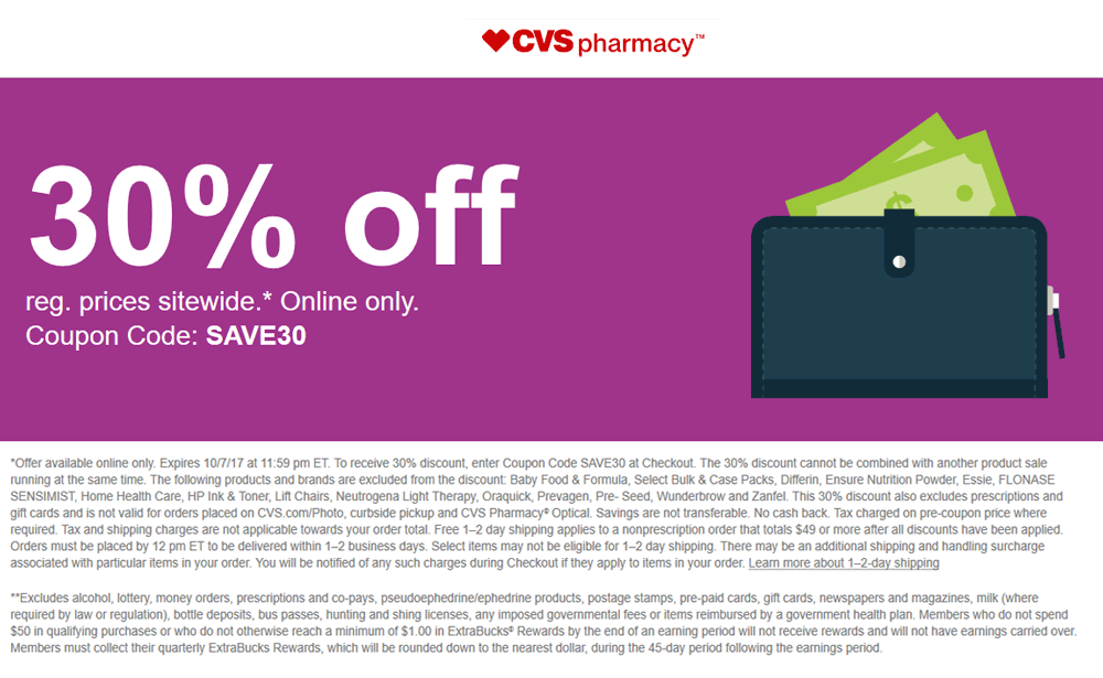 CVS Pharmacy Coupon April 2024 30% off online at CVS Pharmacy via promo code SAVE30