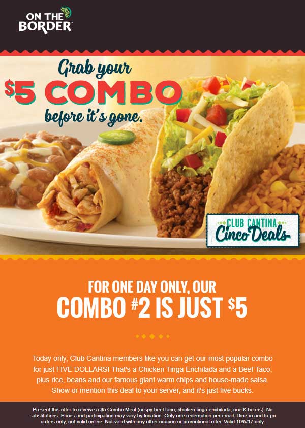 On The Border Coupon April 2024 $5 combo meal today at On The Border
