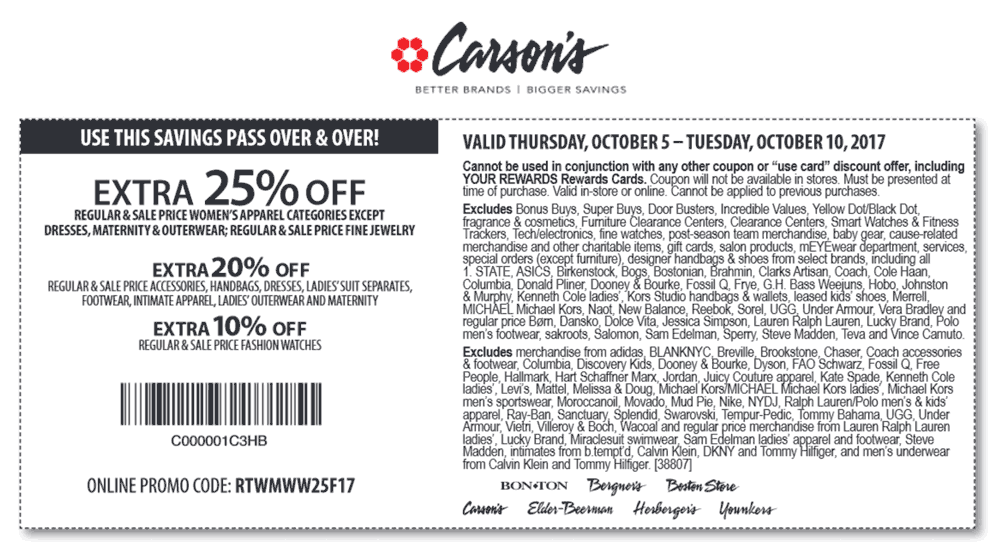 Carsons Coupon April 2024 Extra 25% off at Carsons, Bon Ton & sister stores, or online via promo code RTWMWW25F17