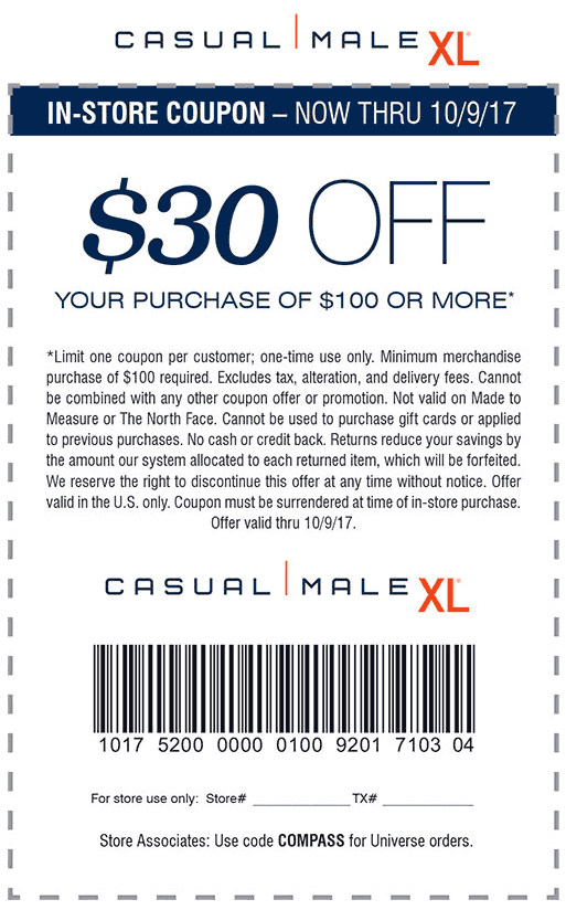Casual Male XL Coupon March 2024 $30 off $100 at Casual Male XL
