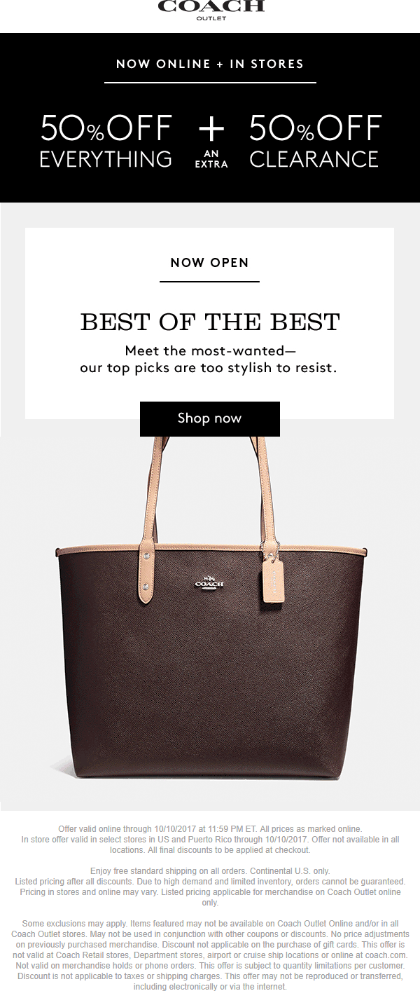 Coach Outlet Coupon May 2024 50% off everything at Coach Outlet, ditto online