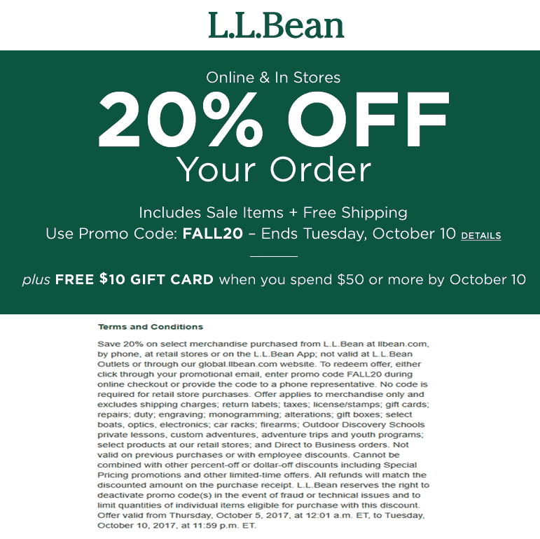 L.L. Bean Coupon April 2024 20% off at L.L. Bean, or online via promo code FALL20