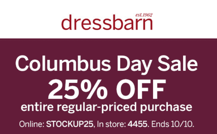 Dressbarn Coupon May 2024 25% off at Dressbarn, or online via promo code STOCKUP25