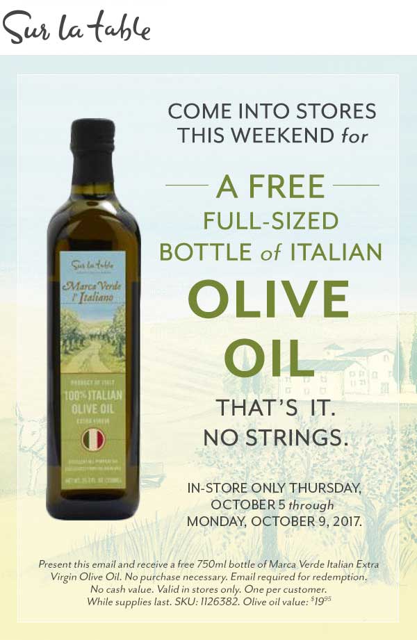 Sur La Table Coupon April 2024 Free full size olive oil at Sur La Table
