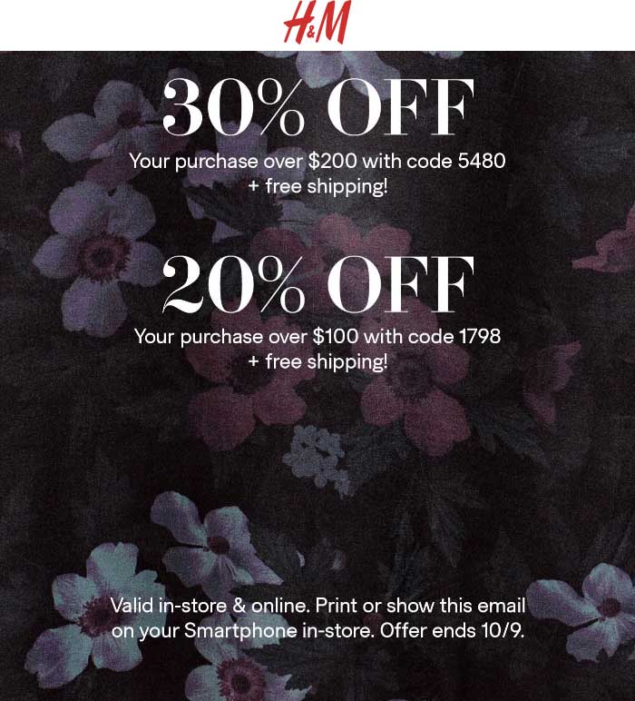 H&M Coupon April 2024 20-30% off $100+ today at H&M, or online via promo code 1798