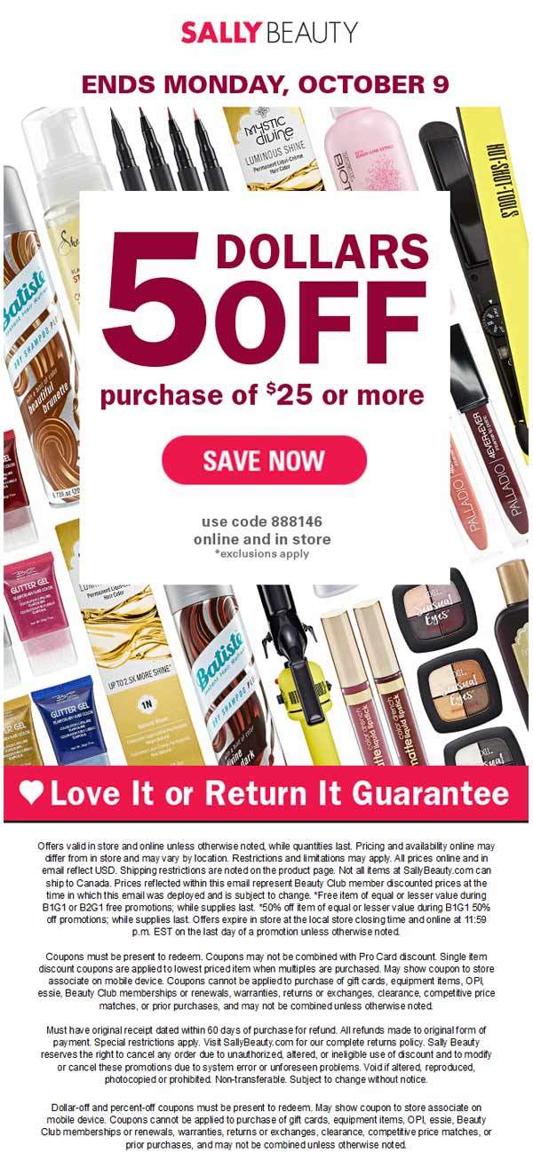 Sally Beauty Coupon April 2024 $5 off $25 today at Sally Beauty, or online via promo code 888146