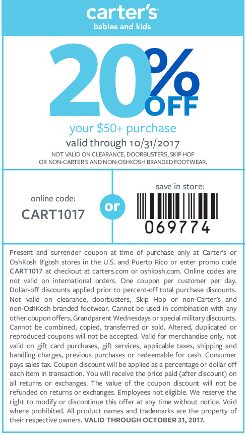 Carters Coupon April 2024 20% off $50 at Carters, or online via promo code CART1017