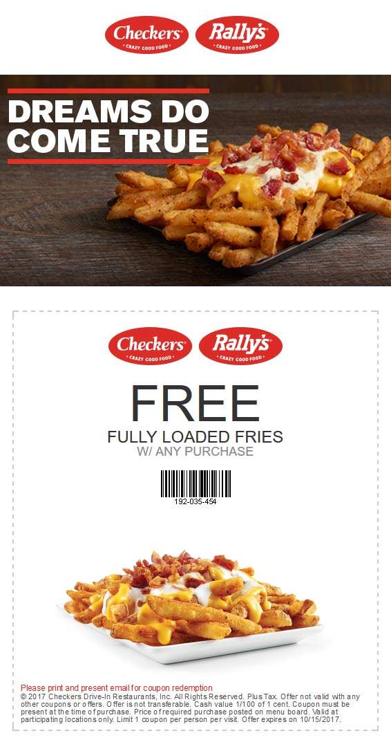 Checkers Coupon April 2024 Loaded fries free with any order at Rallys & Checkers restaurants