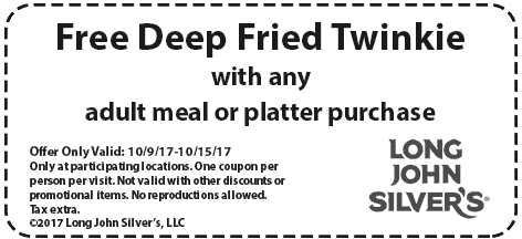 Long John Silvers Coupon April 2024 Free fried twinkie with your meal at Long John Silvers