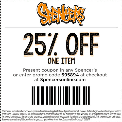 Spencers Coupon April 2024 25% off a single item at Spencers, or online via promo code 595894
