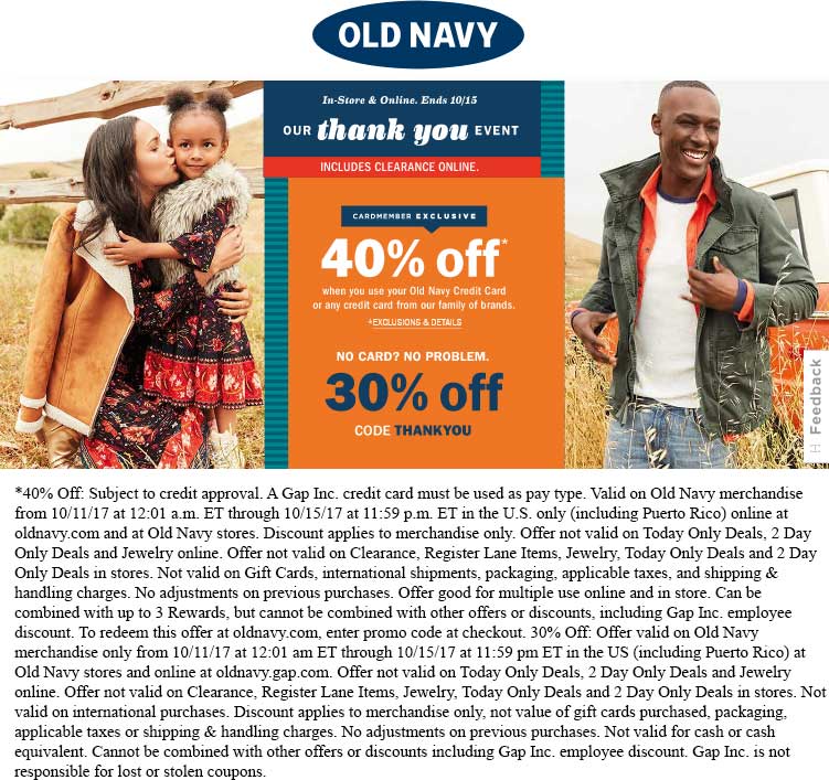 Old Navy Coupon May 2024 30% off at Old Navy, or online via promo code THANKYOU