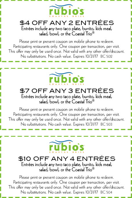 Rubios Coupon March 2024 $4-$10 off 2+ entrees at Rubios Coastal Grill