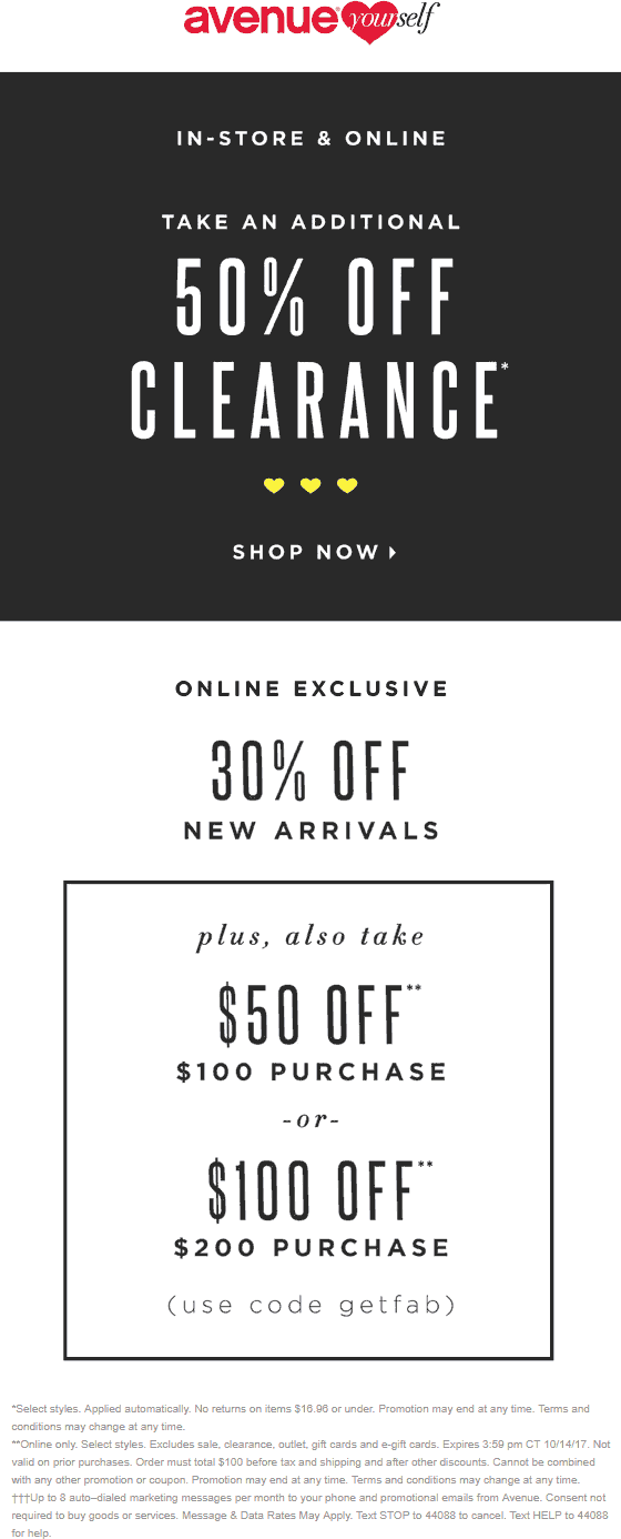 Avenue Coupon April 2024 Extra 50% off clearance & more at Avenue, also $50 off $100 online via promo code getfab