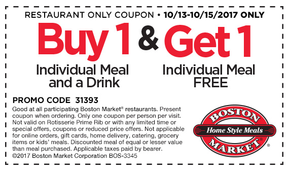 Boston Market Coupon March 2024 Second meal free at Boston Market