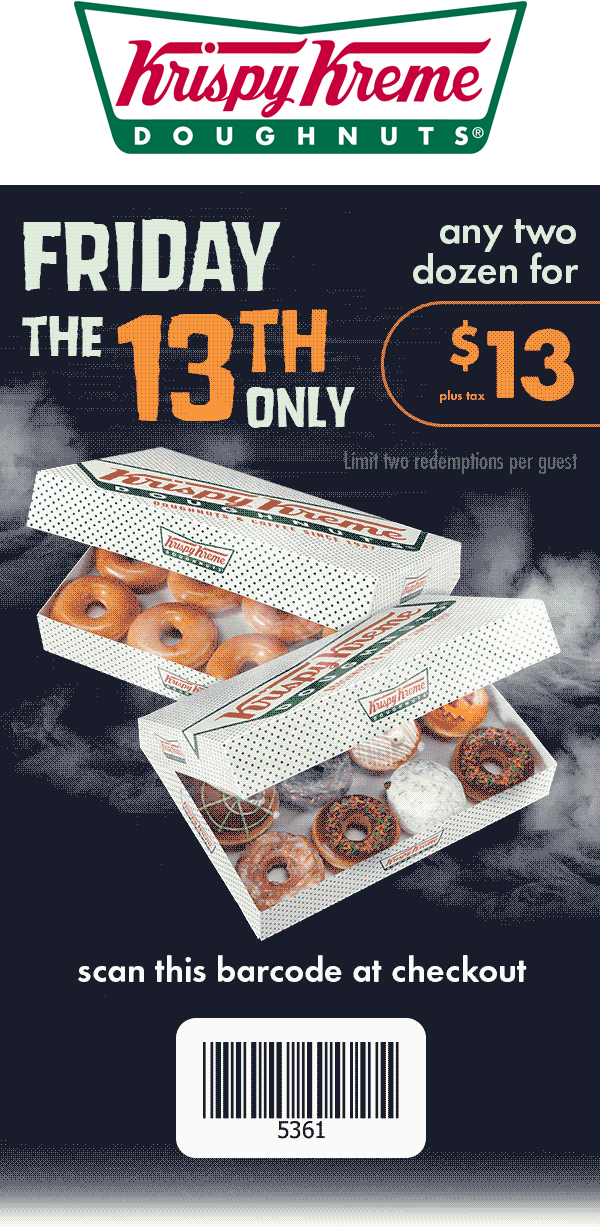 Krispy Kreme Coupon April 2024 2 dozen doughnuts for $13 today at Krispy Kreme