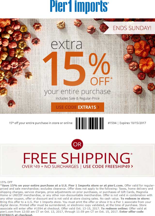 Pier 1 Coupon April 2024 Extra 15% off at Pier 1 Imports, or online via promo code EXTRA15
