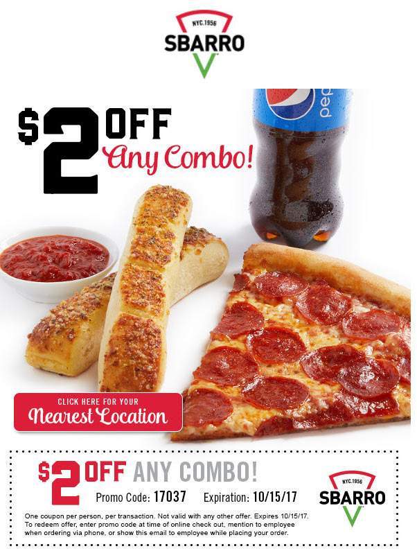 Sbarro Coupon April 2024 $2 off any combo at Sbarro pizza