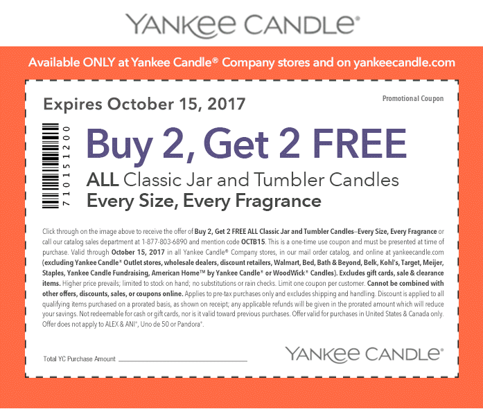 Yankee Candle Coupon April 2024 4-for-2 on all candles at Yankee Candle, or online via promo code OCTB15
