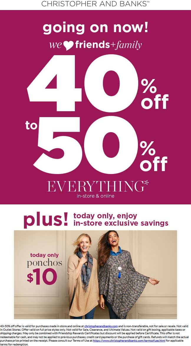 Christopher & Banks Coupon April 2024 40-50% off everything at Christopher & Banks, ditto online