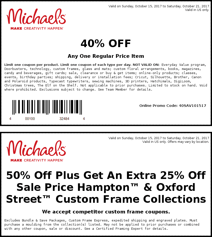 Michaels Coupon April 2024 40% off a single item at Michaels, or online via promo code 40SAV101517
