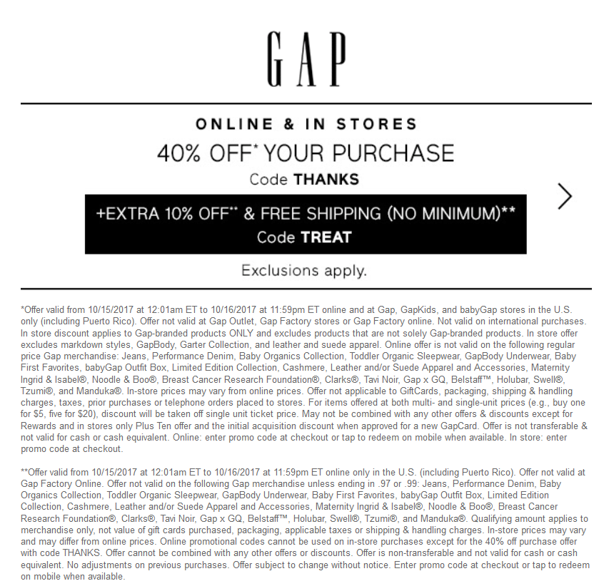 Gap Coupon April 2024 40% off today at Gap, or online via promo code THANKS