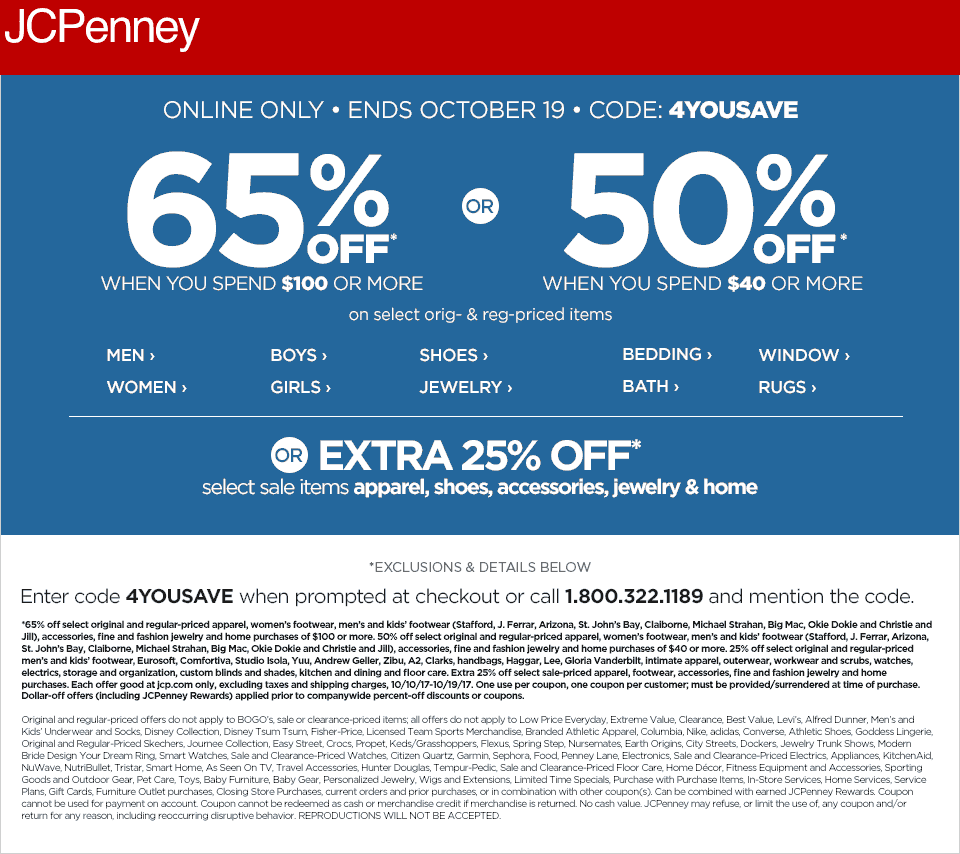 JCPenney Coupon April 2024 50-65% off $40+ online at JCPenney via promo code 4YOUSAVE