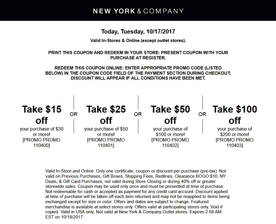 New York & Company Coupon April 2024 $15 off $30 & more today at New York & Company, or online via promo code 110400