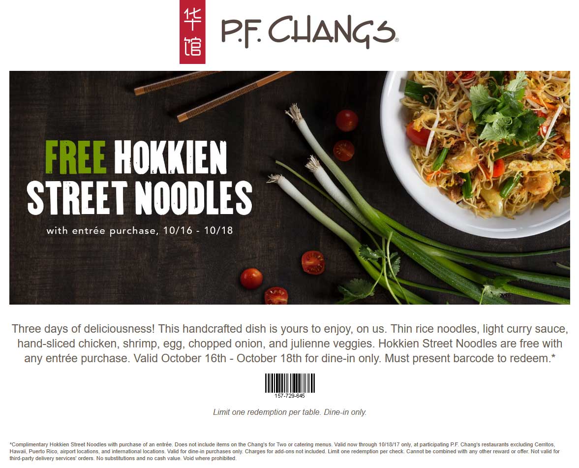 P.F. Changs Coupon April 2024 Free street noodles with your entree at P.F. Changs