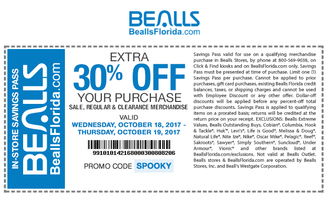 Bealls Coupon April 2024 Extra 30% off at Bealls, or online via promo code SPOOKY