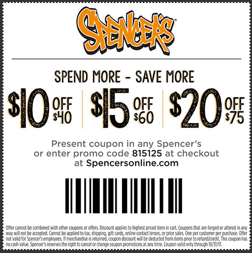 Spencers Coupon April 2024 $10 off $40 & more at Spencers, or online via promo code 815125