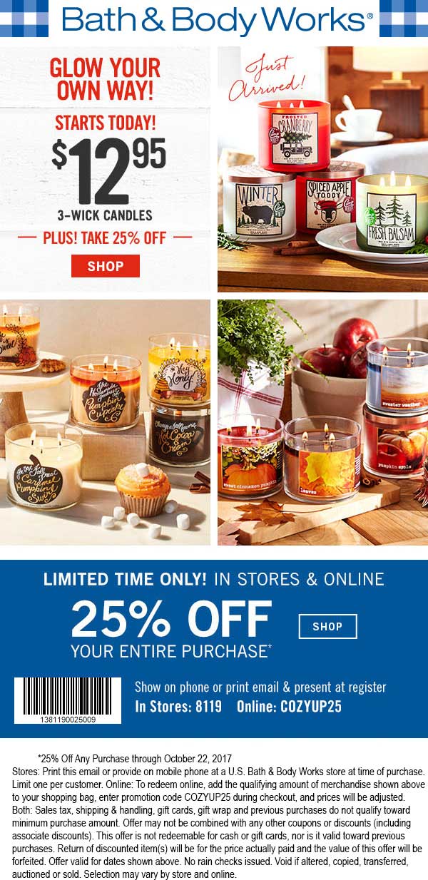 Bath & Body Works Coupon April 2024 25% off at Bath & Body Works, or online via promo code COZYUP25