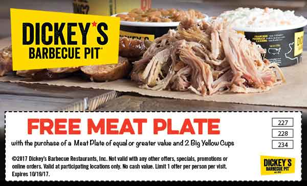 Dickeys Barbecue Pit Coupon April 2024 Second meat plate free today at Dickeys Barbecue Pit