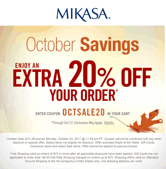 Extra 20% off online at Mikasa via promo code OCTSALE20 | Mikasa ...