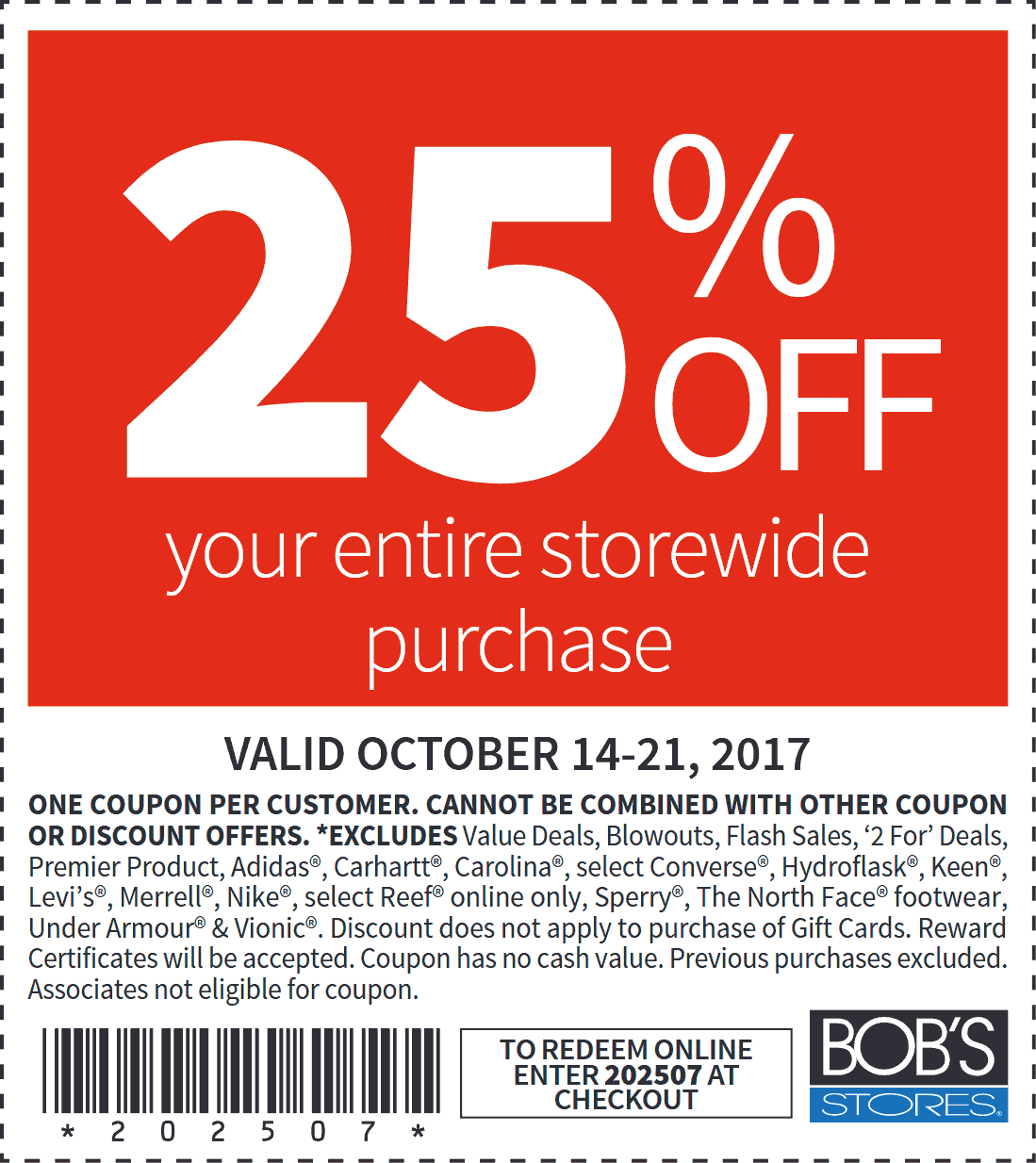 Bobs Stores Coupon April 2024 25% off everything at Bobs Stores, or online via promo code 202507