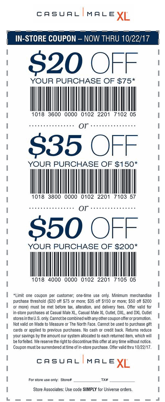 Casual Male XL Coupon April 2024 $20 off $75 & more at DXL, Casual Male XL & outlet locations